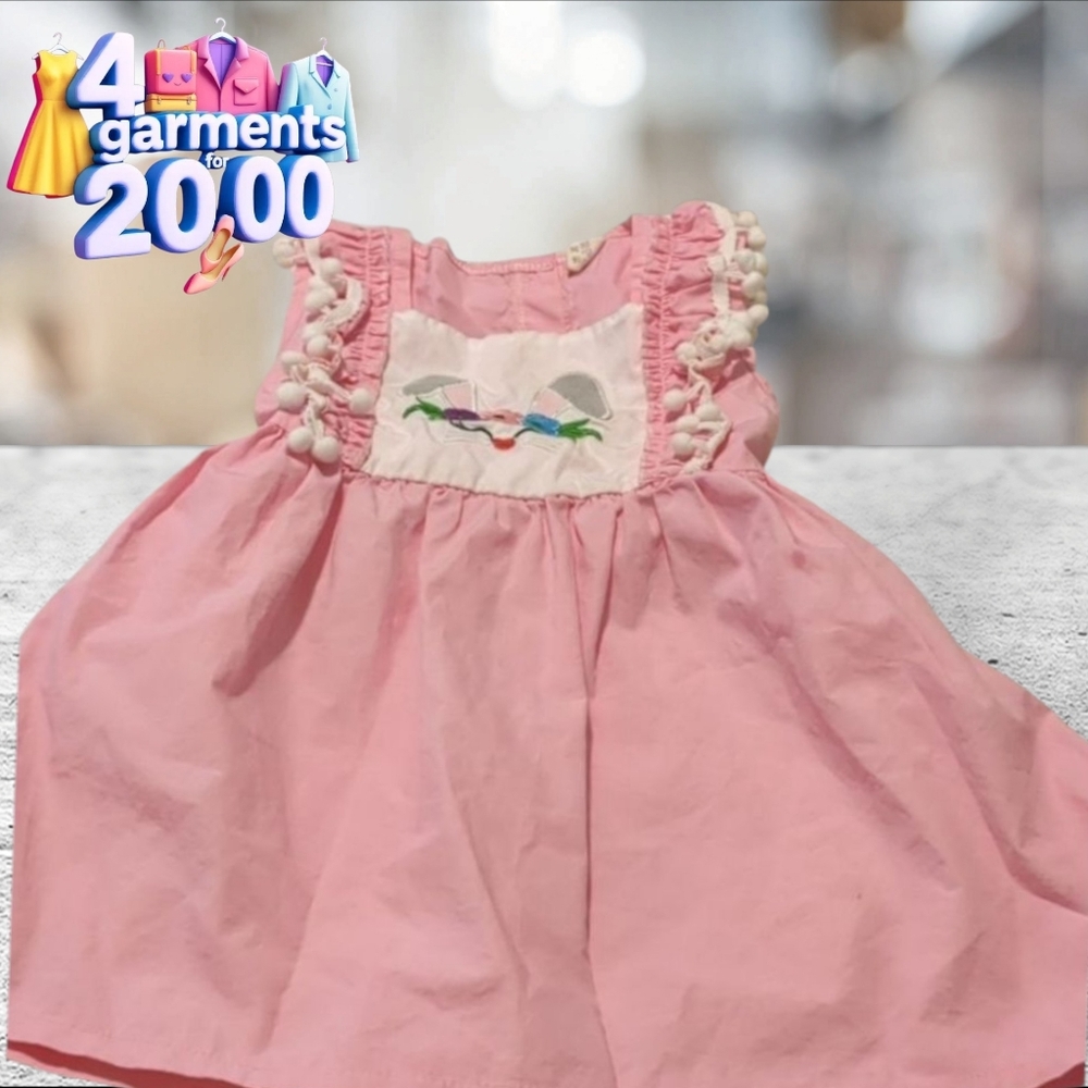 Pink cotton blend square neck sleeveles dress with rabbit size 4T